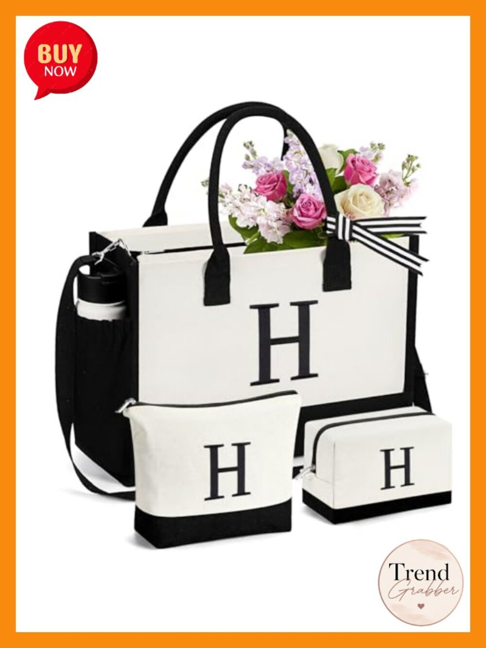 Canvas Tote Bag Set with 2 Makeup Bags Embroidered Personalized Zip